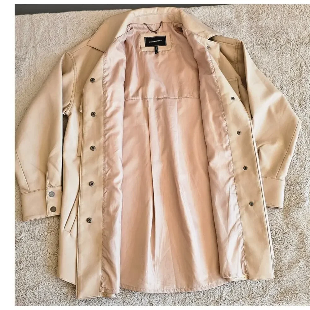 BCBGMAXAZRIA Faux-Leather Shirt Jacket Tan Oversized Fit Womens Sz S